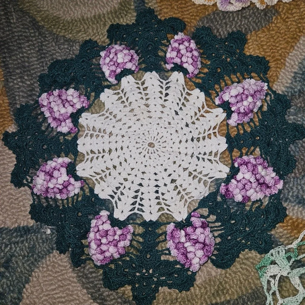 Vintage Handmade Crochet Doily Lot 4pc Floral Lace Green Purple Yellow White